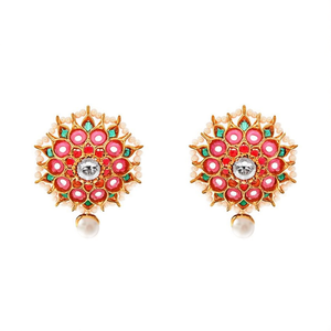 18K Gold Plated Brass Round Kempu Stud Earrings with Pearls - Product Image 3