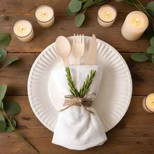 Ensemble de couverts jetables écologiques en bois, fourchette, cuillère, couteau, vaisselle biodégradable, fournitures pour fêtes, pique-niques, traiteurs - Product Image 1