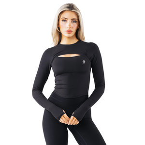 Camiseta de Manga Larga Peekaboo para Mujer, Negra, Elástica, de Tela Suave, con Detalle de Recorte, Estilo Deportivo para Yoga y Ejercicio - Product Image 1