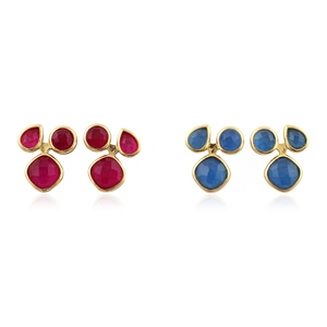 ต่างหูมินิมอลประดับทับทิม หยกสีน้ำเงิน หยกสามเม็ด ตัวเรือนทองเหลืองชุบทอง 18k น้ำหนักเบา เหมาะสำหรับใส่ทุกวัน - Product Image 1