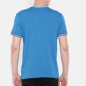 Camiseta de Algodón de Manga Corta para Hombre, Corte Regular, Color Azul, con Ribete en Contraste, Cuello Redondo, Estilo Casual, Precio Económico - Product Image 4