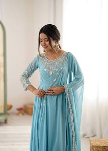 Premium Readymade Gown-dupatta Set Fendy Satin With <b>Sequins</b> & Zari Embroidered Work - Product Image 5