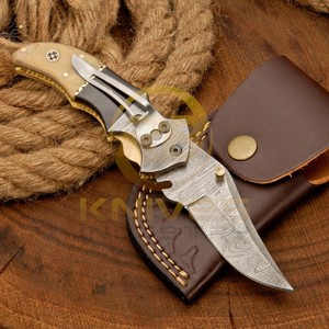 Handmade Damascus Steel Folding <b>Knife</b> with Natural <b>Bone</b> <b>Handle</b> | Premium EDC Pocket <b>Knife</b> for Hunting, Camping, Outdoor Survival - Product Image 3