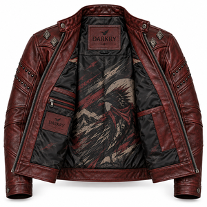 Chaqueta de Cuero con Gráficos Oxblood Raven para Hombre, Chaqueta de Motero Occidental de Piel de Vacuno Carmesí Personalizada, Oferta Directa de Fábrica - Product Image 5