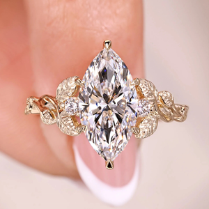 Anillo de compromiso y boda con tres diamantes de corte marquesa inspirados en la naturaleza, de 2.06 quilates, cultivados en laboratorio, joyería de oro de 14k. - Product Image 1