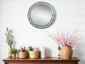 Designer Round Mirror With Artistic Mosaic <b>Frame</b> In Green And Purple Perfect For Home Decor And Styling Wholesale From India - Product Image 5