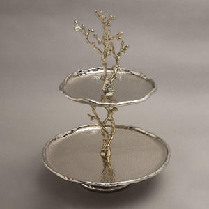 Stunning Two-Tier Silver Cake Stand Featuring Textured Trays And A Unique Coral Branch Style Central Pillar & Handle <b>For</b> Serving - Product Image 1