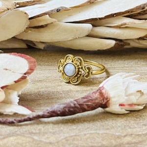 Luxury Style Vintage Boho Filigree <b>Moonstone</b> Ring Brass <b>Jewelry</b> For Women 18K Gold Plated Dainty Floral Statement Wholesale Ring - Product Image 5