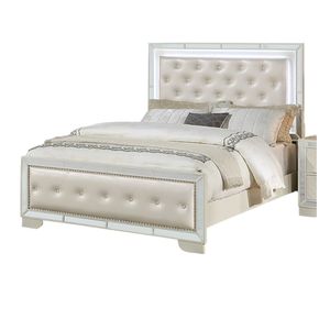 Cama Queen Size Tapizada en Piel Sintética Color Crema con Luces LED y Detalles de Espejo, Hermoso Panel de Cabecera Tapizado de 1 Pieza - Product Image 2