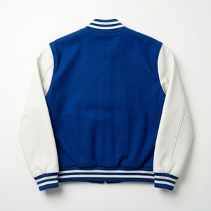 Blouson Bomber Homme Bleu Royal et Blanc en Cuir avec Manches en Coton Mélangé, Col et Poignets en Tricot Côtelé, Logo Brodé, Style Décontracté Streetwear - Product Image 2