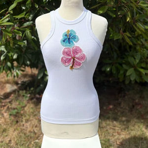 Débardeur sans manches personnalisé pour femme de haute qualité, bretelles spaghetti, longueur courte, style streetwear, dentelle, boutons, ruban, tissu imprimé - Product Image 1