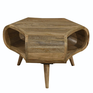 Table basse de salon en bois de manguier, hexagonale, rétro, faite à la main, avec bords incurvés et trois compartiments de rangement ouverts - Product Image 6