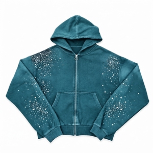 Sweat à capuche zippé OEM personnalisé en molleton de coton French Terry avec strass, effet vintage délavé et dégradé, et finition délavée à l'acide - Product Image 2