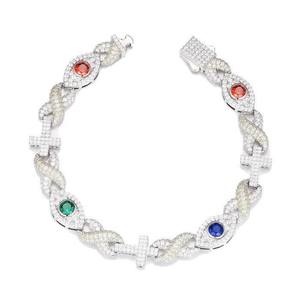 Pulsera de Lujo de Plata 925 con Baño de Rodio y Diamantes, Corte Brillante Redondo, Engaste Pavé, Patrón Cruzado, Joyería Unisex de Eslabones - Product Image 1