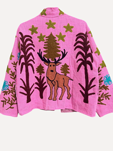 Cárdigan Rosa Bohemio con Estampado Animal Bordado, Cuello Mandarín, Manga Larga, Talla Grande, Ropa Casual de Verano para Mujer - Product Image 2