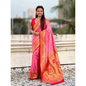 ผ้าไหมฟิวชั่นสีชมพูอ่อน แบบซารี ทอแบบซารี  ลายแบนดานี  แบบไพธานี  เสื้อผ้าอินเดียและปากีสถาน  งานทอระดับพรีเมียม  650 กรัม - Product Image 6