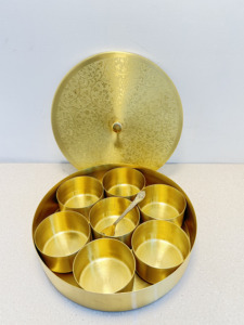 Premium Round Brass Spice <b>Box</b> with 7 Katori Containers Etched Floral Art Lid Luxury Indian Masala Dani Kitchen Organizer Set - Product Image 4