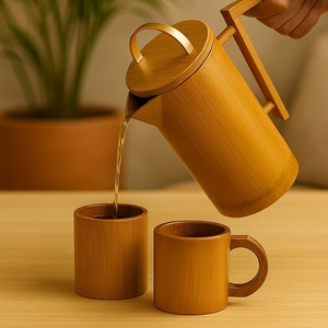 Eco-Friendly Bohemian Design Bamboo Tea <b>Pot</b> Cup <b>Set</b> | Natural Bamboo Food Grade Tea Serving <b>Set</b> | Sustainable Reusable Drinkware - Product Image 1