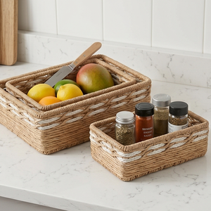 Decorative Natural Fiber Woven Bohemian Style Eco-Friendly <b>Storage</b> Baskets Set 4 Rectangular Bins 10-20L Capacity Closet <b>Shelf</b> - Product Image 6