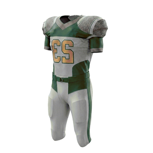 Ensemble d'uniformes de football américain pour hommes, maillot sublimé 100% polyester, pantalon rembourré, évacuation de l'humidité, col en V, gris, vert, or, personnalisé - Product Image 4