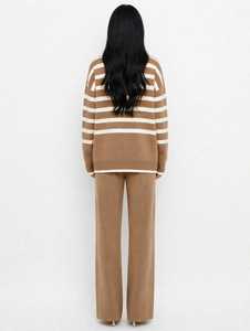 Ensemble de survêtement deux pièces pour femmes, pull à col roulé rayé et pantalon large - Product Image 3