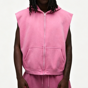 Gilet sans manches à capuche zippé pour homme, bleu uni, en molleton bouclette, coupe oversize, style décontracté, avec poches - Product Image 2