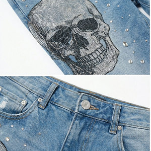 Pantalones Cortos Vaqueros de Mezclilla Vintage de Alta Calidad para Hombre, Cintura Media, con Logotipo de Diamantes de Imitación Personalizado, Lavado Ácido, Efecto Desgastado por el Sol, Cinturón Tejido Informal, Verano - Product Image 4