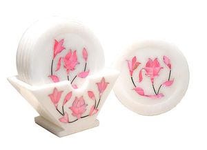 Handcrafted White <b>Marble</b> <b>Coaster</b> with Seashell Stone Inlay Elegant Table Decor - Product Image 3