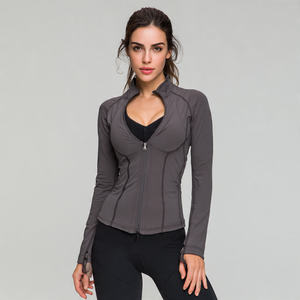 Chaqueta de yoga acolchada para mujer con orificios para los pulgares, bolsillos, cuello alto, cierre de cremallera, 100% poliéster, teñido liso, transpirable, atlética - Product Image 1