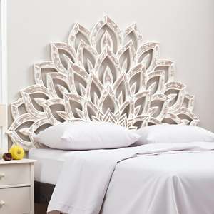 Tête de lit sculptée en bois Smart Art, taille Queen, motif demi-lune et fleur de lotus lavée, en bois d'ingénierie, mobilier de chambre à coucher - Product Image 3