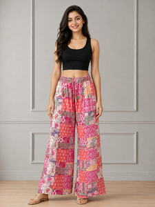 Pantalones Palazzo de Pierna Ancha con Estampado Patchwork de Calidad Premium, Cintura Alta con Cordón, Pantalones de Playa de Verano, Estilo Casual Holgado Boho - Product Image 2