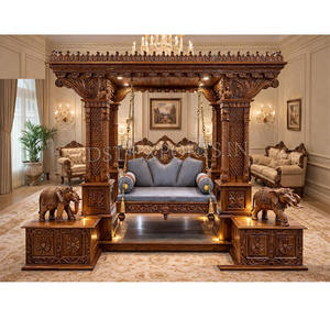 Cama Columpio Tradicional de Madera Tallada Maharaja con Exclusivos Pilares Tallados de Elefante, Jhoola, Columpio de Madera de Teca Tallado a Mano, Venta en el Reino Unido - Product Image 1