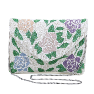 Bolso de mano ligero hecho a mano FAIZA CRAFT con cuentas, tipo sobre rectangular, con patrón floral, correa de cadena plateada y bordados. - Product Image 3