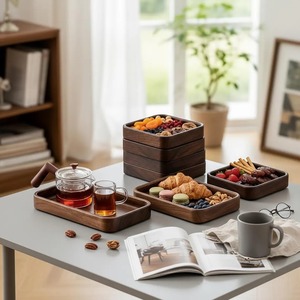 Juego de Bandejas de Servir de Nogal de Alta Calidad, Platos Minimalistas de Madera para Aperitivos y Té, para Decoración de Cocina y Comedor - Product Image 2