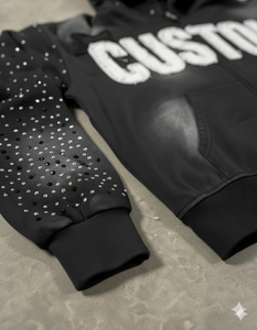 Sudadera con capucha de algodón grueso personalizada con cremallera, apliques bordados desgastados, corte holgado, estilo vintage, lavado ácido, con pedrería - Product Image 6