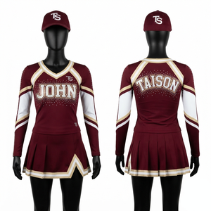 Uniforme de cheerleading de qualité supérieure, 240 GSM, 100% polyester, anti-UV, respirant, manches courtes, marron, blanc, or, logo personnalisé en strass - Product Image 1