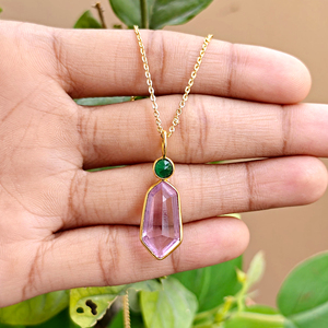 Exotic fancy pink quartz <b>with</b> emerald cubic zirconia bezel setting pendant 18k gold plated brass necklace for jewelry women gift - Product Image 3