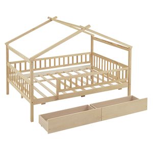 Letto a capanna in legno naturale a grandezza naturale con due cassetti per bambini - Product Image 5