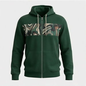 Sweat-shirt à capuche zippé vert pour homme avec imprimé camouflage, vêtement décontracté d'automne, manches longues, poches latérales, matière polyester - Product Image 1