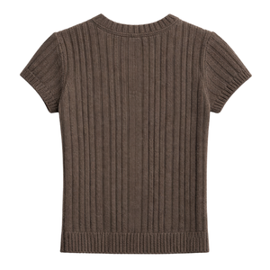 Camiseta de Punto Acanalado Texturizado para Mujer, Manga Corta, Cuello Redondo, Corte Ajustado, Informal, Otoño, Suave, Elástica, Antiarrugas, para Uso Diario - Product Image 2