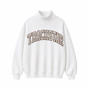 เสื้อสเวตเชิ้ตคอเต่าสีขาวเบจน้ำตาล แบรนด์ Trackstar ลายตัวอักษรแบบ Varsity แขนยาว แต่งขอบยางยืด รับทำโลโก้ตามสั่ง OEM แบรนด์ส่วนตัว ขายส่ง - Product Image 1