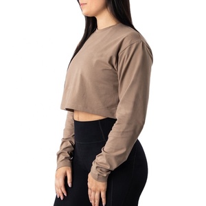 Camisetas personalizadas para mujer, Top corto de cuello redondo, sudaderas de algodón y licra, camiseta atlética de manga larga holgada - Product Image 1