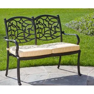 锻铁花园长凳，花卉设计，黑色粉末涂层，表面处理，质量上乘，真皮座椅