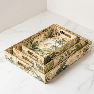 Ensemble de plateaux décoratifs rectangulaires à motif floral, design bohème en bois, emballage multi-pièces - Product Image 1