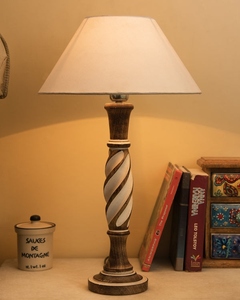 Antique white twister wood <b>table</b> lamp white linen shade <b>rustic</b> hand-carved <b>bedside</b> light for farmhouse home decor wholesale OEM - Product Image 3