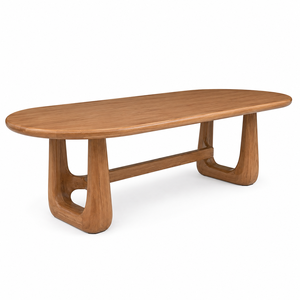 Table à manger ronde moderne en teck massif pour 8 personnes, plateau capsule, base en tréteau nordique, meubles de salle à manger faits à la main - Product Image 3