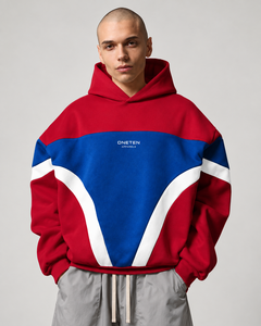 เสื้อฮู้ด ONETEN APPARELS แบบยูนิเซ็กซ์ สีสันตัดกัน แดง น้ำเงิน ขาว ทรงโอเวอร์ไซส์ ผ้าฝ้าย 100% เป็นมิตรต่อสิ่งแวดล้อม ผ้าเฟรนช์เทอร์รี่ - Product Image 1