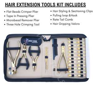 Kit d'outils pour extensions capillaires dorées avec pinces à extensions, pince à sertir plate, pince à sertir à 3 trous pour perles, outil pour extensions adhésives, peigne et pinces - Product Image 2