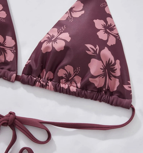 Women Floral Print <b>Bikini</b> <b>Set</b> <b>Purple</b> Tie Side Halter Top Drawstring Bottoms Two Piece Swimwear Spandex/Polyester Eco-Friendly - Product Image 5