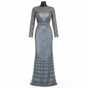 Vestido de noche azul grisáceo estilo sirena para mujer con bordado de diamantes plateados en forma de entramado. |   Vestido Formal Largo Hasta el Suelo con Mangas Largas para Eventos - Product Image 1